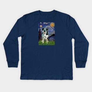 Starry Night (Van Gogh) with a Catahoula Leopard Dog Kids Long Sleeve T-Shirt